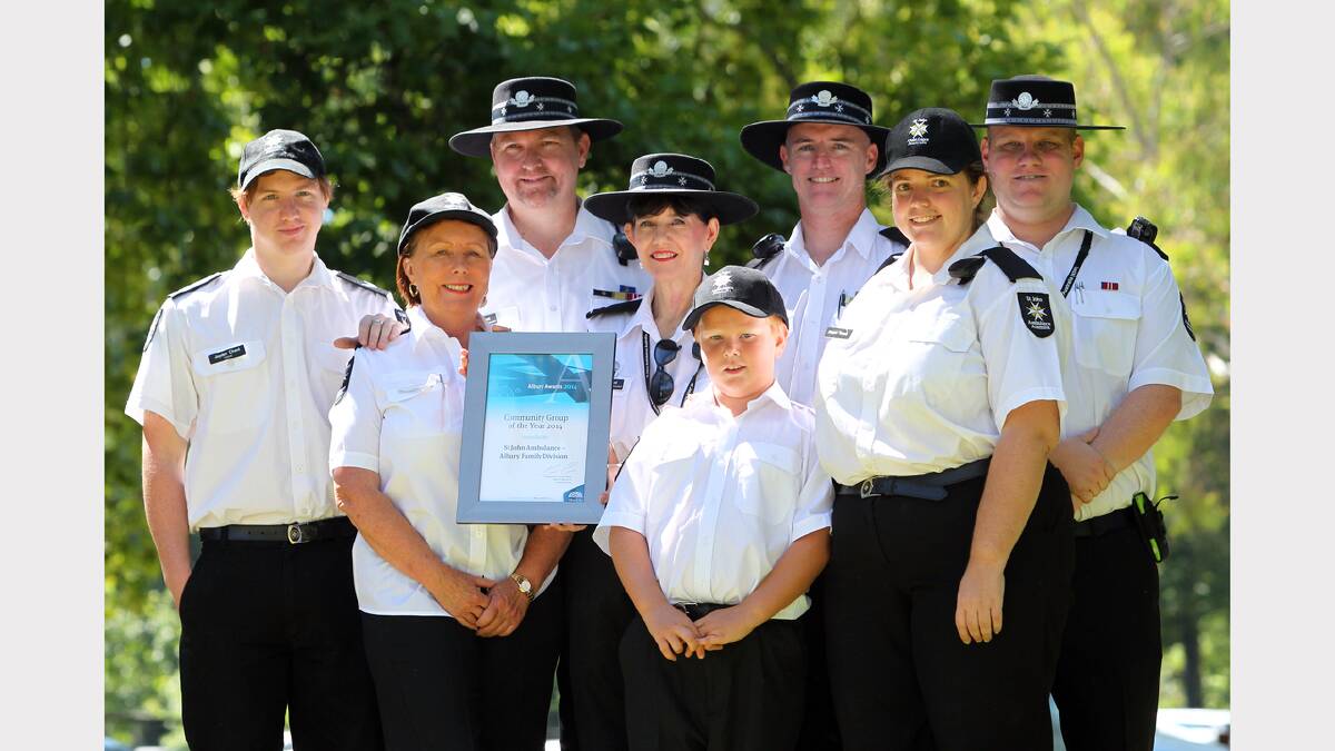 Noreuil Park, Albury. Australia Day 2014. Jayden Chant, Susan Makepeace, Chris Chant, Helen Chant, Trey Beach, 8, Ricky Dobson, Megan Tansey, and Kaleb Ryan, members of St John Ambulance Albury, which was awarded Community Group of the Year.