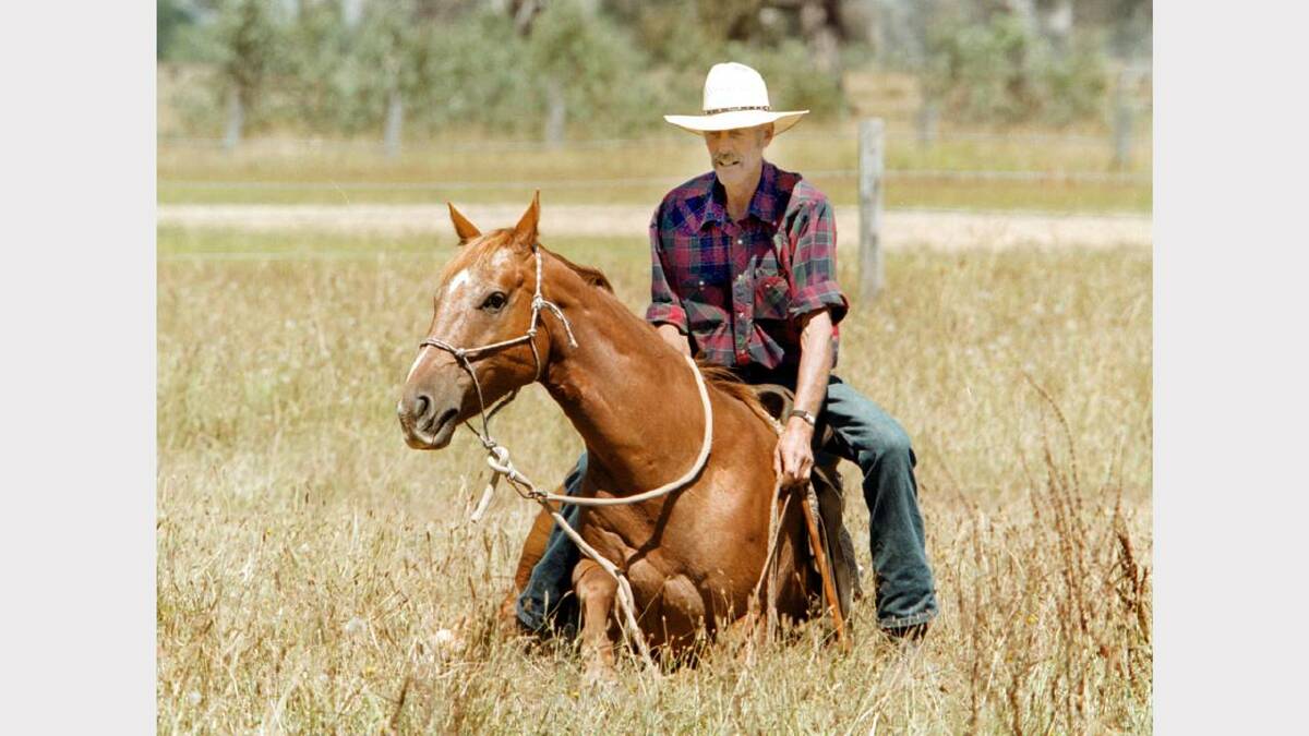 Barry Paton on his horse that will sit down to make it easier for him to mount. Barry is one of the 2 winners of last year's Man From Snowy River festival. Picture: PETER MERKESTEYN