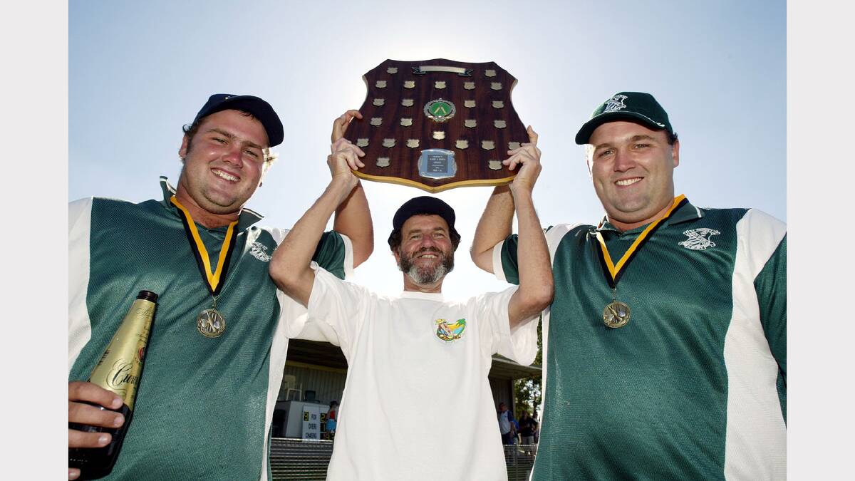 ABCA Cricket Grand Final. The winning team St Pats. Father and two sons. L-R Casey Arendarcikas, Algy Arendarcikas and Kane Arendarcikas. It's been 30 years since Algy has put his hands on the grand final shield. 