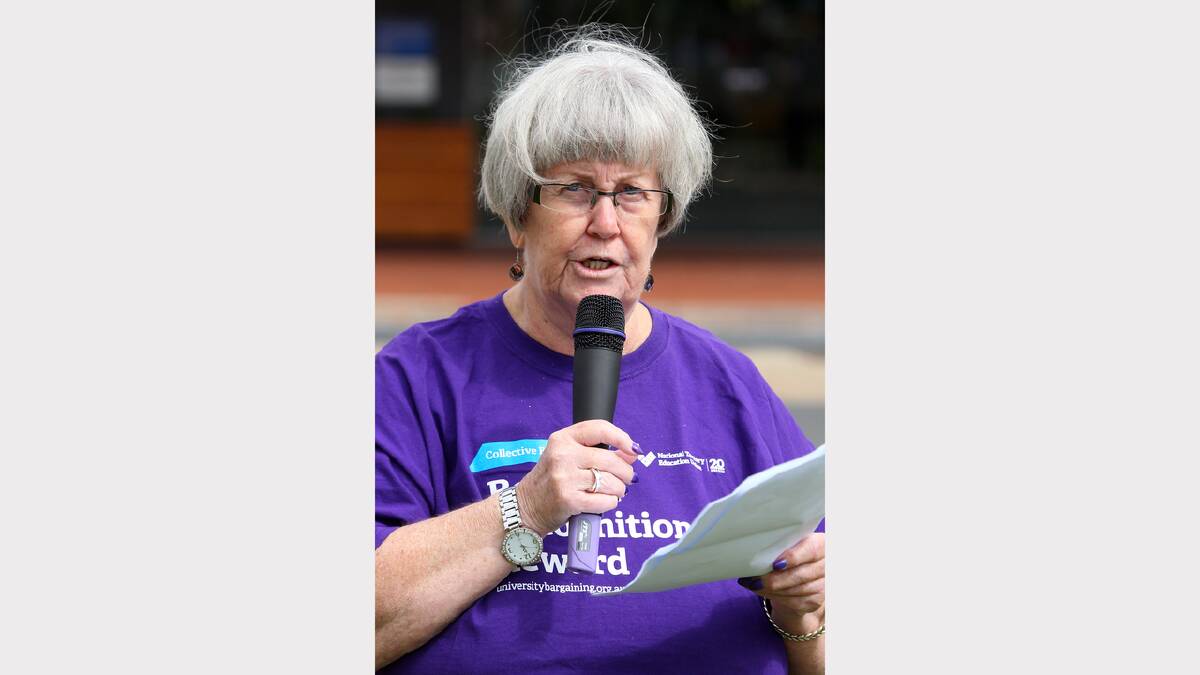 Virginia Mansel-Lees, La Trobe Branch President for the National Tertiary Union, speaks at the March in March protest objecting to the Abbott Government, held in Woodland Grove, Wodonga.