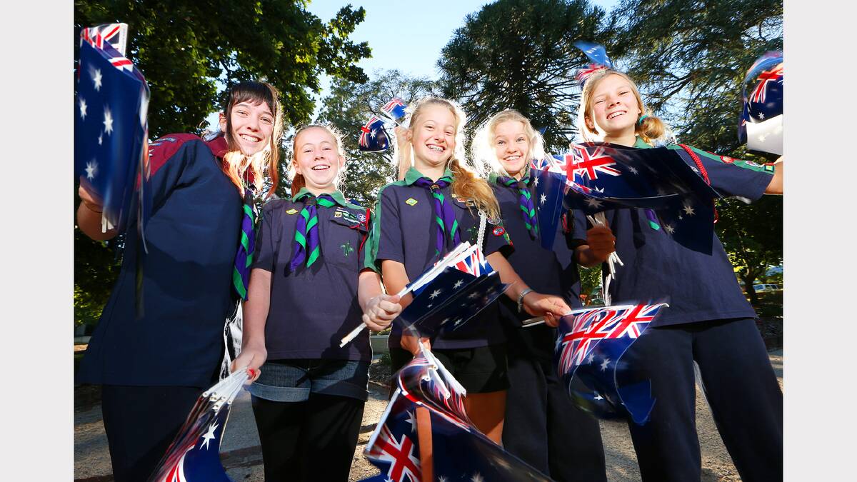 Australia Day celebrations at Beechworth. Meg Angelini, 15, Imogen Sutton, 13, Maisie Walker-Stelling, 14, Amber Bowey, 13, and Meaghan Kearney, 12, of the 1st Beechworth Scout Group.