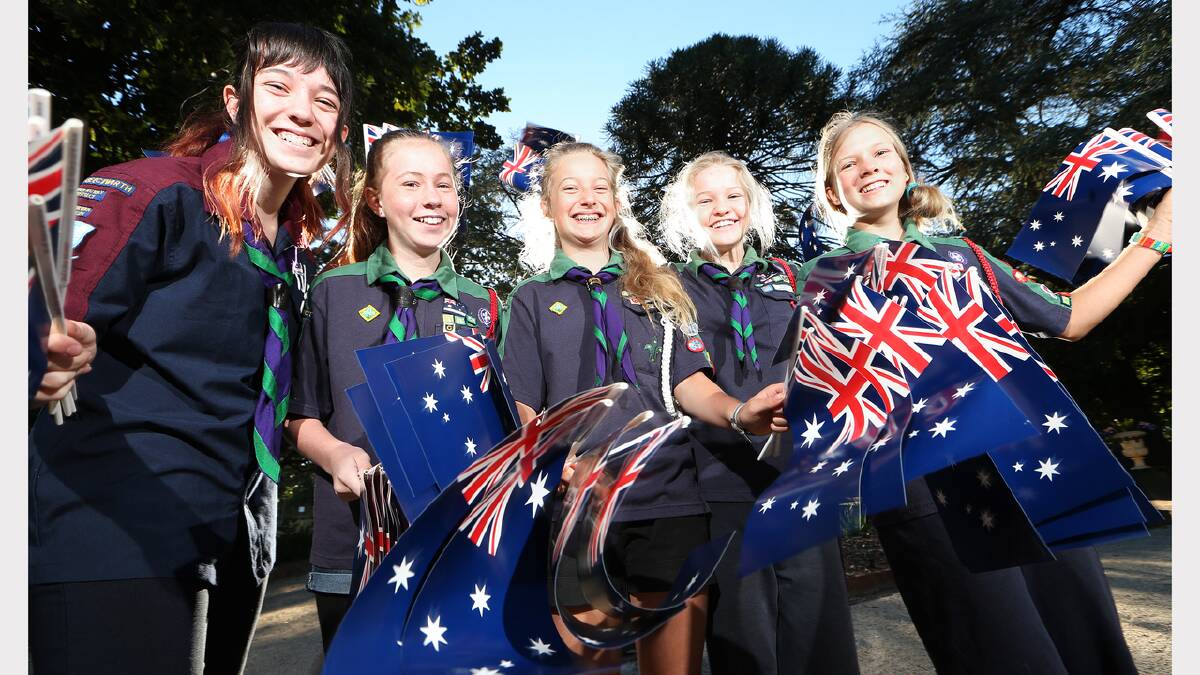 Australia Day celebrations at Beechworth. Meg Angelini, 15, Imogen Sutton, 13, Maisie Walker-Stelling, 14, Amber Bowey, 13, and Meaghan Kearney, 12, of the 1st Beechworth Scout Group.