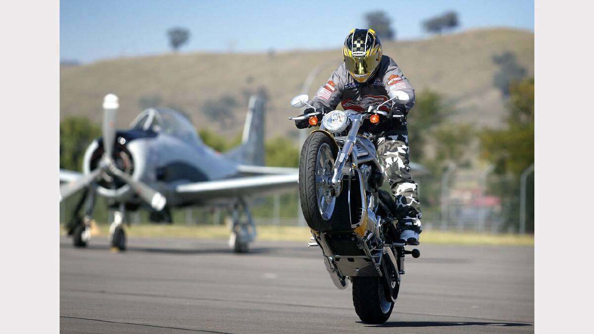 Albury Airport. Laurel Aviation hanger. The launch of the Harley Davidson Street Rod. Pictured is rider Alan Morrison putting the Harley Street Rod through its paces.