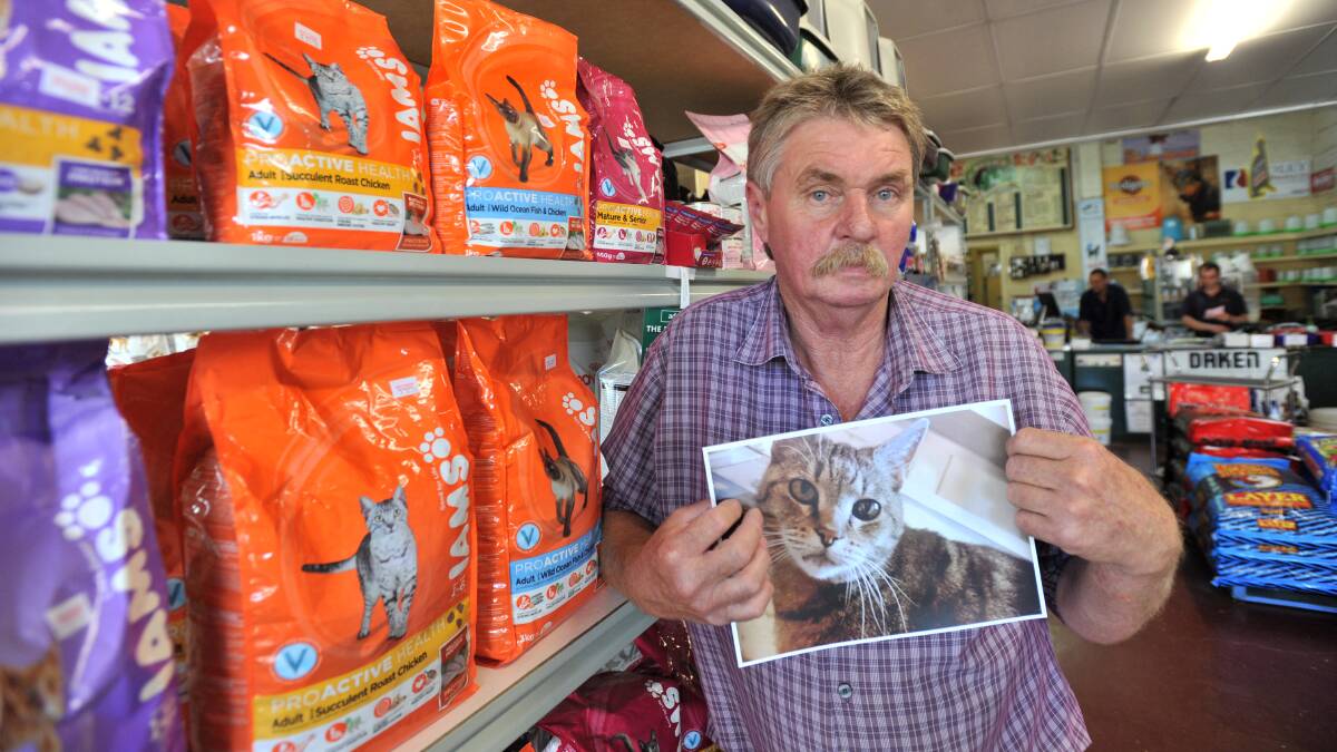 MISSING A MATE: Bush's Produce manager Frank Webb in January with a photo of Tiger the cat.