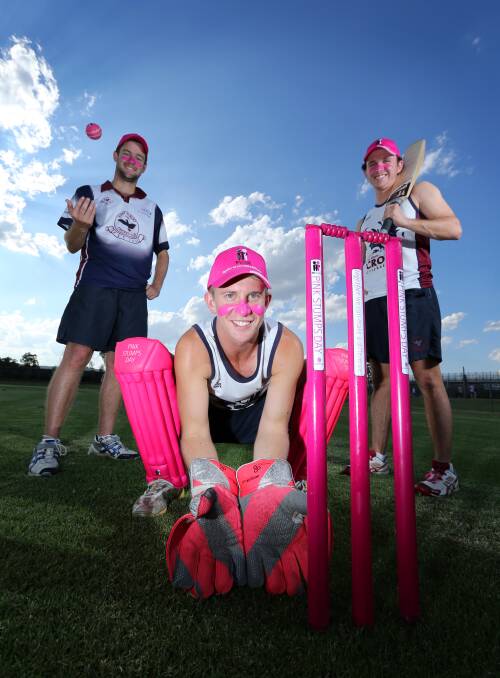East Albury cricketers Cameron White, Dylan Weeding and James McNeil are wearing pink to promote the McGrath Foundation. Picture: MATTHEW SMITHWICK
