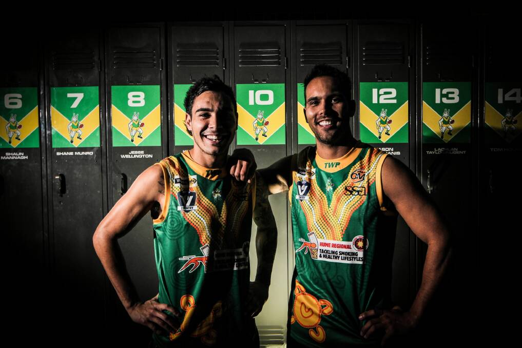 North Albury stars Jarrah Maksymow and Jethro Calma-Holt unveil the Hoppers’ special indigenous jumper for today’s clash with Yarrawonga. Picture: DYLAN ROBINSON