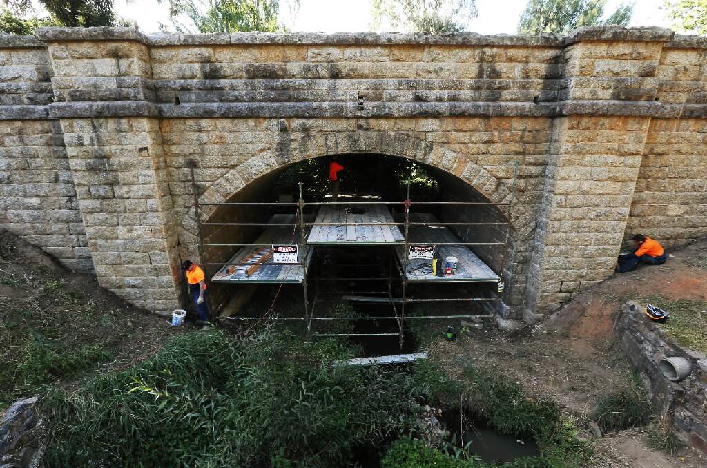 Yackandandah's stone bridge is undergoing repairs as some voice concern over its ability to withstand the weight of passing trucks. Picture: JOHN RUSSELL