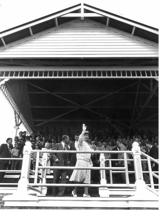 May, 1988 - Prince Philip and Queen Elizabeth II visit Albury-Wodonga. The Queen waves to the crowd at the Albury sportsground.