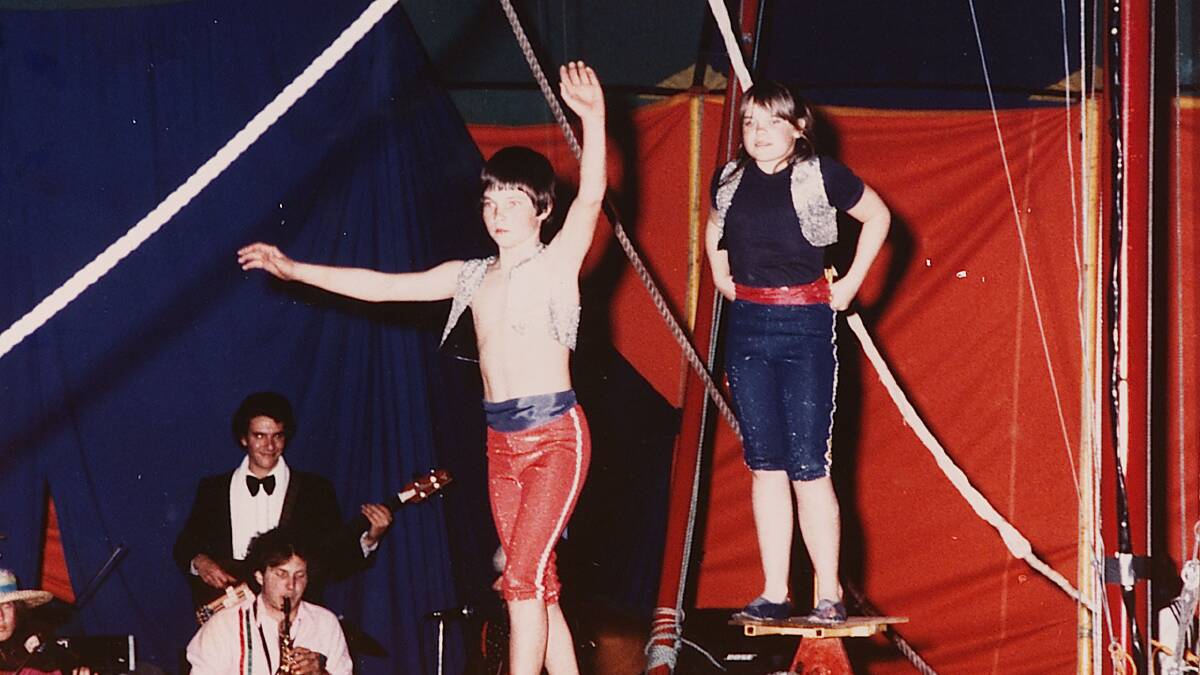 Michael Ling, foundation member of Flying Fruit Fly Circus and now a long-term member of Circus Oz, performing in 1980 with Jenny Strachan. Picture: MATTHEW SMITHWICK
