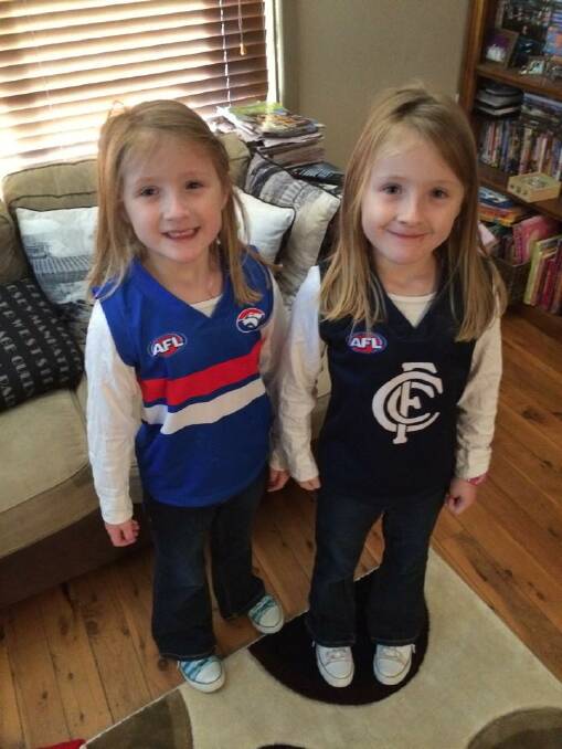 Albury twins Adelaide and April prepared to visit Etihad Stadium for an Easter Sunday match between the Western Bulldogs and Carlton. - JAMIE HORNE (Facebook)