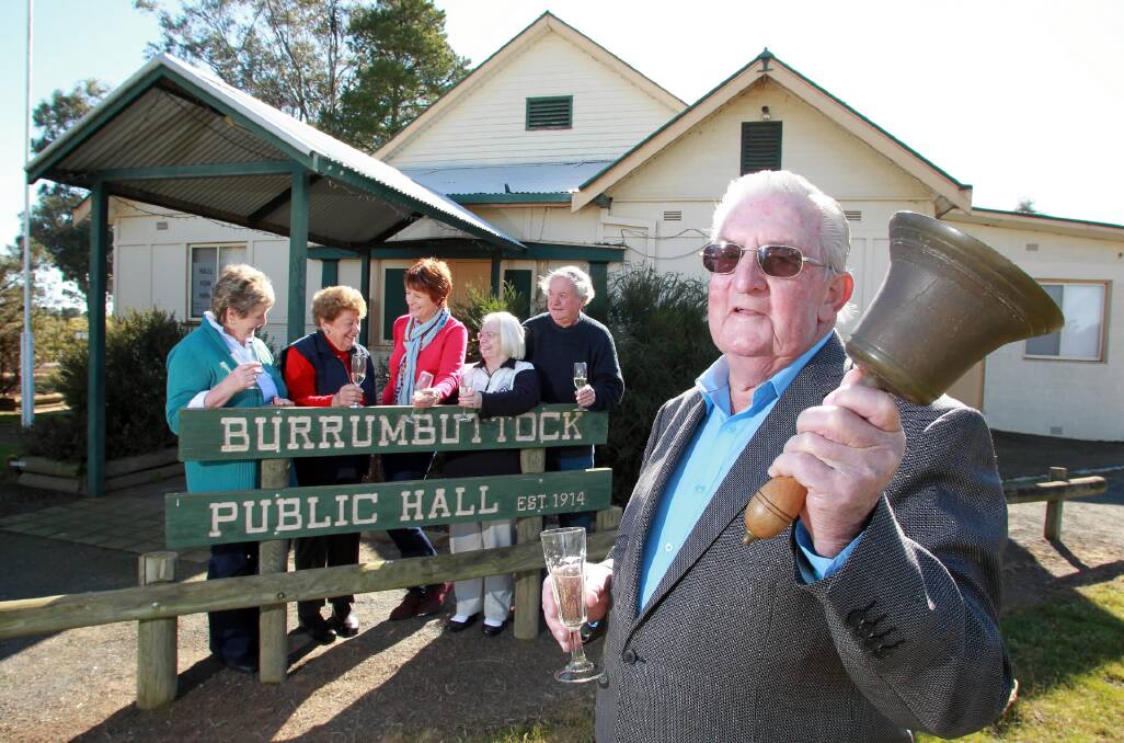 Ray Hall, front, Caryll Eastick, Dulcie Schmidt, Marion Vile and Maureen and Graham Beesley, are 
preparing to celebrate the centenary of the Burrumbuttock Public Hall next month. Picture: KYLIE ESLER