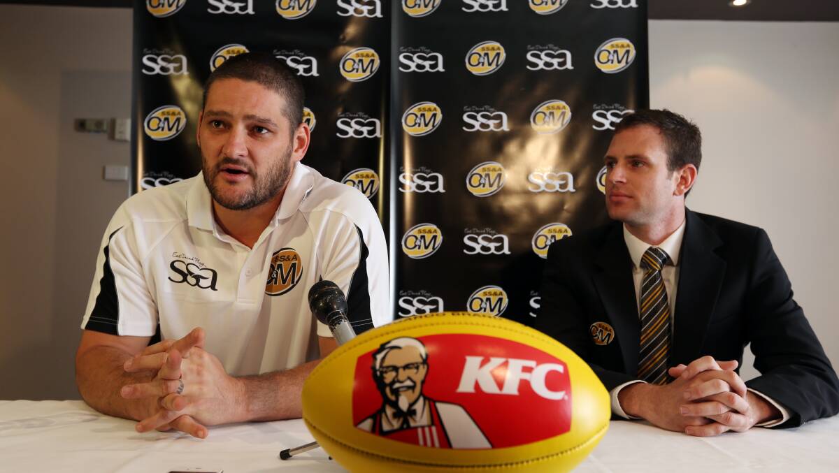 Brendan Fevola and O&M general manager Aaron McGlynn at the press conference announcing Fev's role as interleague coach. 