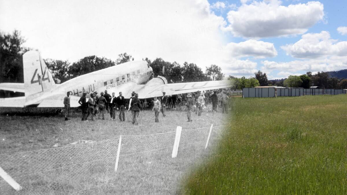This blended photograph shows the Albury racecourse is as open now as it was the day the Uiver landed. Picture: PETER MERKESTEYN