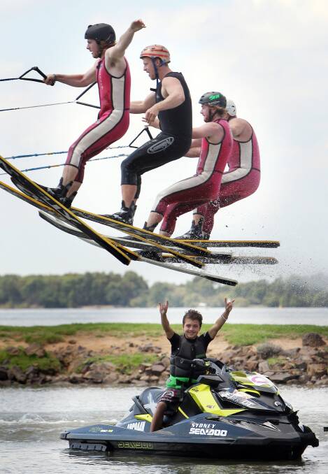Mulwala Waterski Club show team members Mitch Stedman, Ash Milner, Lachlan Stedman and Boden Strawhorn put on a display for Coen Ashton, 16, who has completed a 2000km waterski journey for the second time to promote organ donation. Picture: KYLIE ESLER