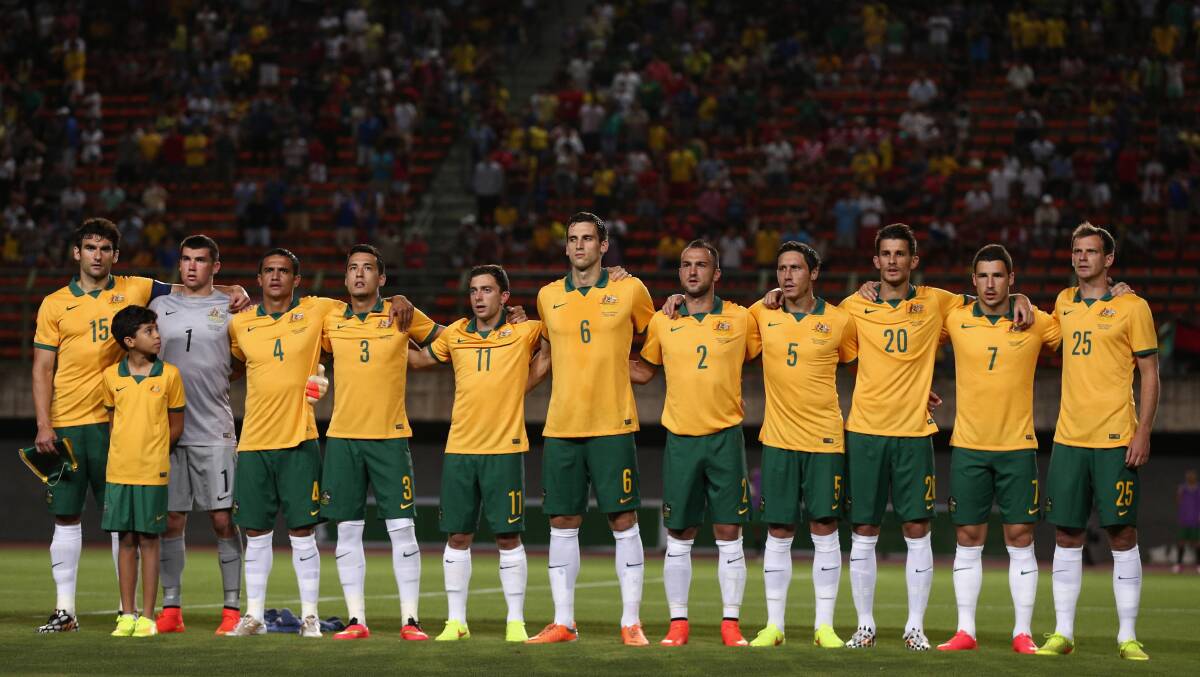 The Socceroos sing the Australian National Anthem during the International Friendly match against Croatia. Picture: GETTY IMAGES