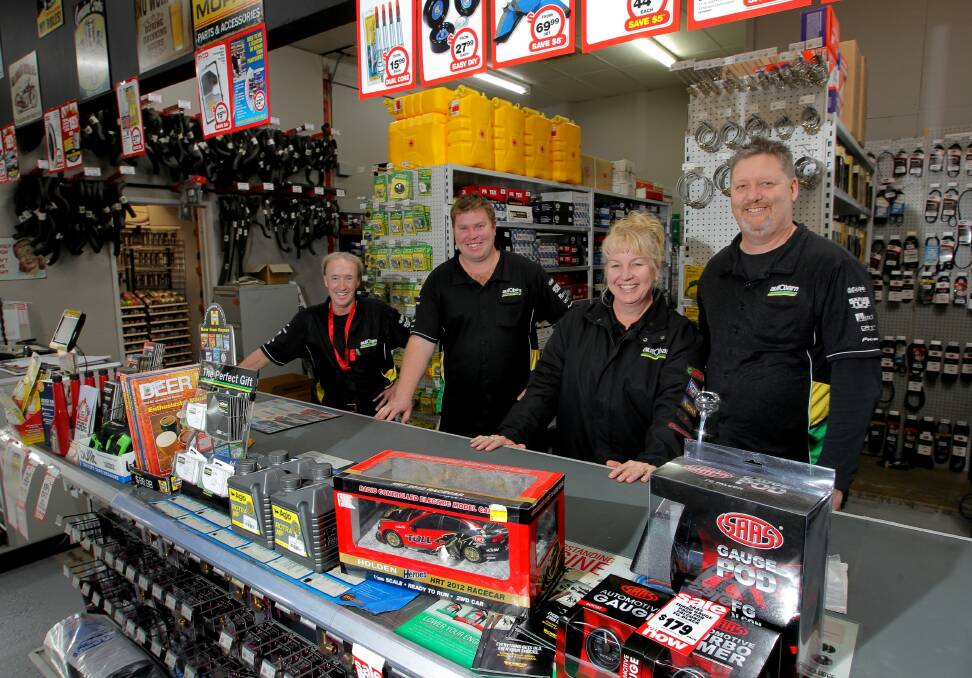 Spare parts is now a prime focus for Bryce Babel, Kris Prior and Autobarn Albury owners Sharee Downing and Mark Connors. Picture: DAVID THORPE