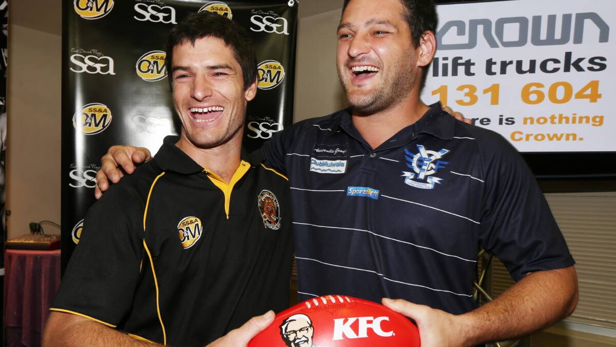 Joel Mackie and Brendan ­Fevola enjoyed themselves at last night’s launch but it will be down to ­business when modern-day rivals Albury and Yarrawonga kick-off the season in a round 1 blockbuster on Saturday. Picture: PETER MERKESTEYN