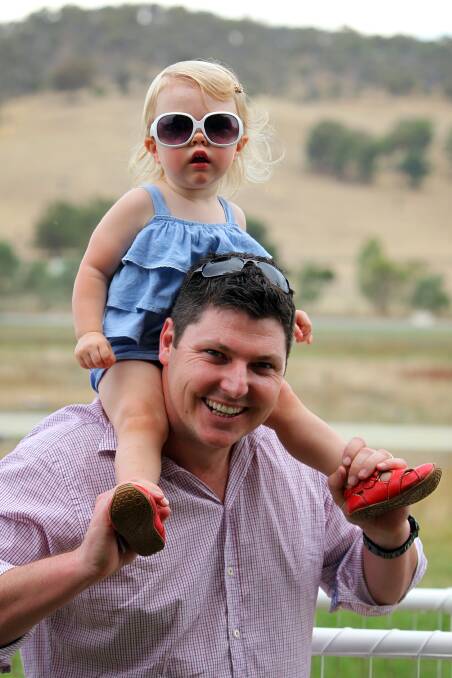 Sierra Jewell, 22 months, on the shoulders of her dad Wodonga Clent Jewell at the Towong Cup. Pictures: MATTHEW SMITHWICK