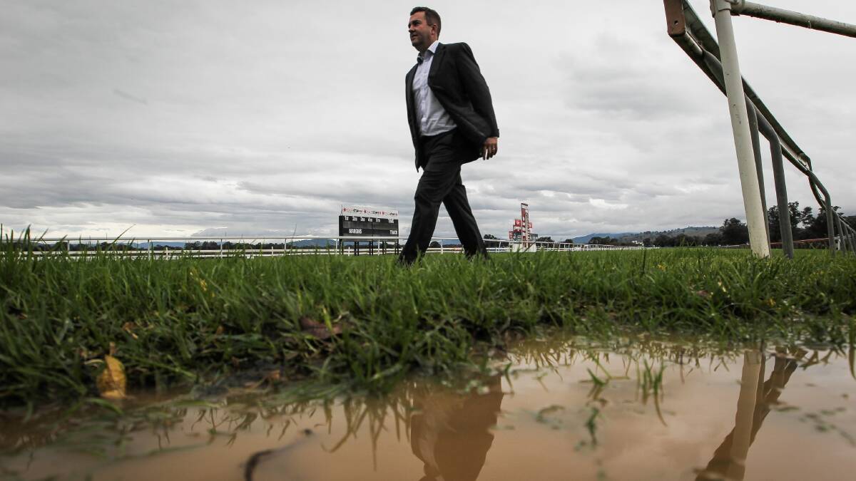 Albury Racing Club president John Miller on a wet track that has washed out events in late May. Picture: DYLAN ROBINSON