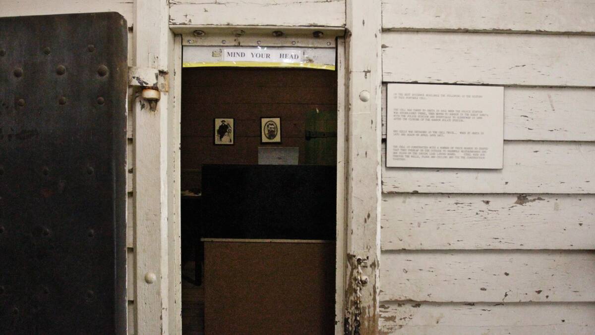 The entrance to the portable cell in which Ned Kelly was held after the Glenrowan siege can be seen at the Benalla Costume and Pioneer Museum.