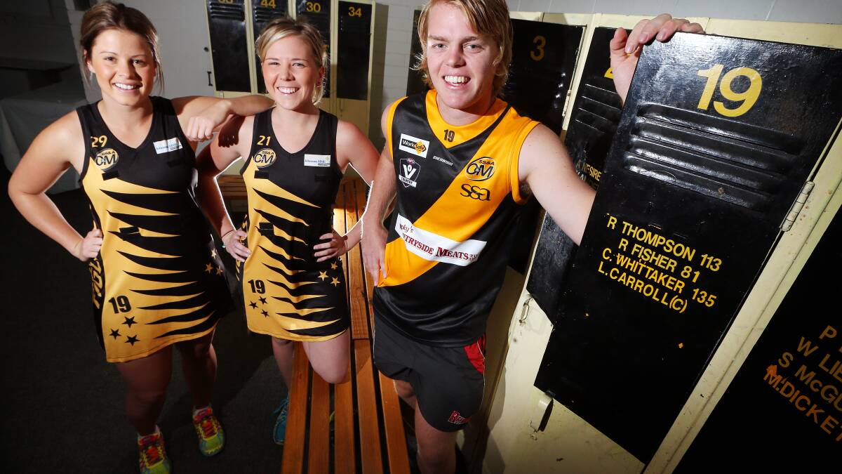  Erika Butler, Justine Willis and Hayden Dalitz will be wearing the number 19 to honour injured Albury player James McQuillan this weekend. Picture: JOHN RUSSELL
