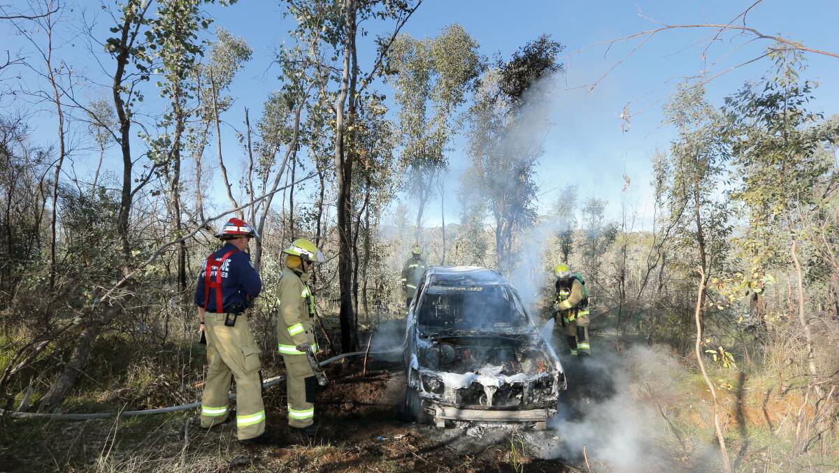 The four-wheel-drive dumped and set alight in West Albury bushland. Picture: TARA GOONAN