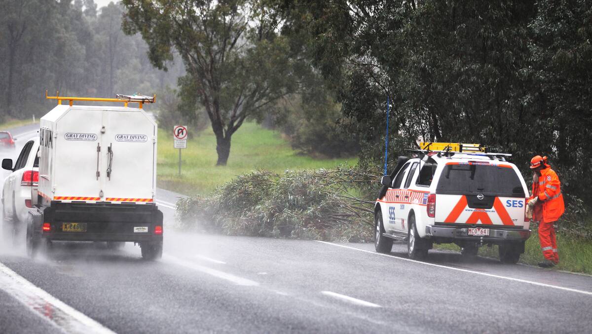 SES workers used a chainsaw to cut back a tree that had fallen and was blocking one lane of the Hume Freeway near Chiltern. Picture: DYLAN ROBINSON
