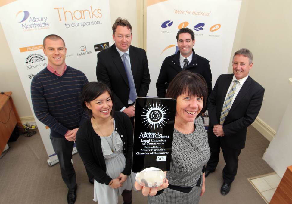 Albury Northside Chamber of Commerce's Maria Tolentino, Carrick Gill-Vallance, Jason Croker, business manager Kathie Heyman, Scott Mann and Greg Wood. The chamber was the winner of NSW Business Chamber Local Chamber of Commerce Regional award. Picture: DAVID THORPE