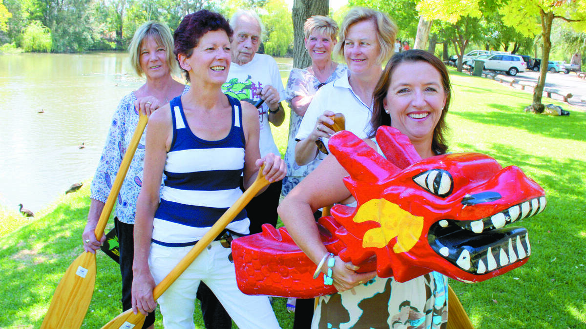 MUDGEE: Kay Whitehall, Christine Goodwin, Bob Clarke, Sandra Paterson, Sue Hughes and Rebecca Redfern are ready to take to the Cudgegong with Mudgee’s new dragonboat.