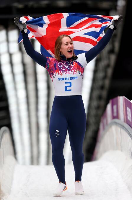  Lizzy Yarnold of Great Britain celebrates winning the gold medal during the Women's Skeleton on Day 7 of the Sochi 2014 Winter Olympics at Sliding Center Sanki in Sochi, Russia. Photo by Julian Finney/Getty Images