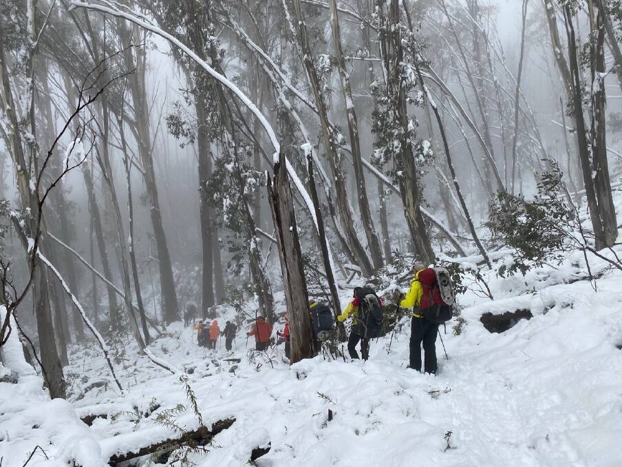 HIKE: Emergency service workers braved cold conditions to access the group of hikers and return them safely to the base of Mount Bogong at the weekend. No-one was injured during the incident. Picture: BRIGHT SES