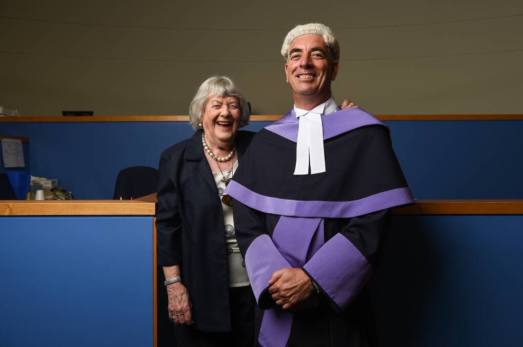 PROUD MOMENT: Joan Grant with her son, new Albury District Court Judge Sean Grant. Picture: MARK JESSER