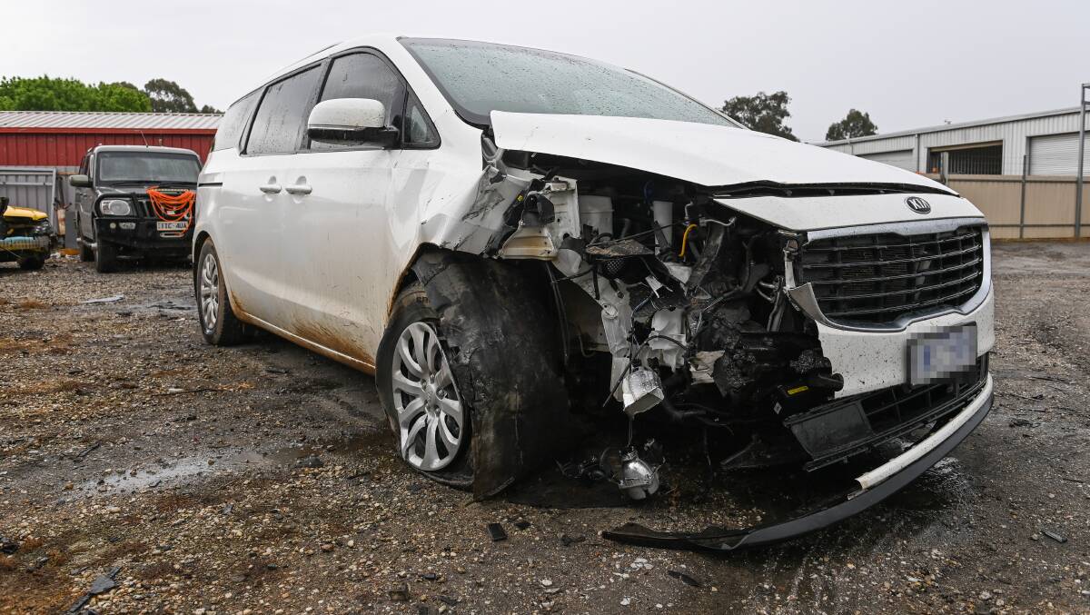 SMASHED: Reece Lesslie remains in hospital after allegedly smashing into this Kia at Beechworth last Friday during a pursuit, while his passenger Dylan Meyers has been refused bail on home invasion-related allegations. 