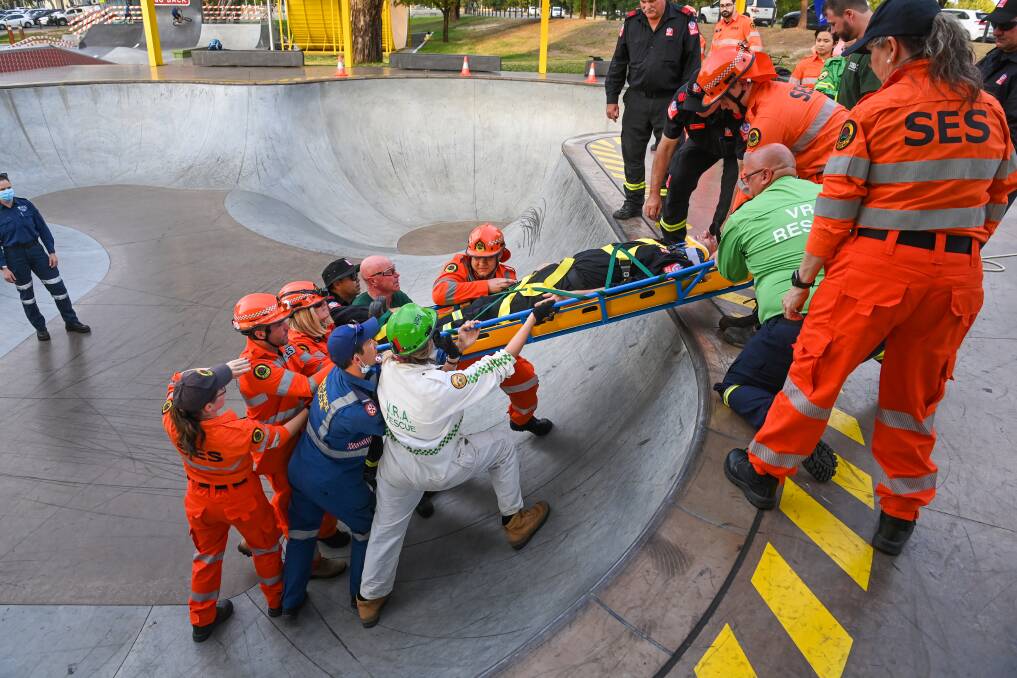 RESCUED: The volunteer patient was safely removed from the skate park bowl, which has been popular since opening to the public last year. 