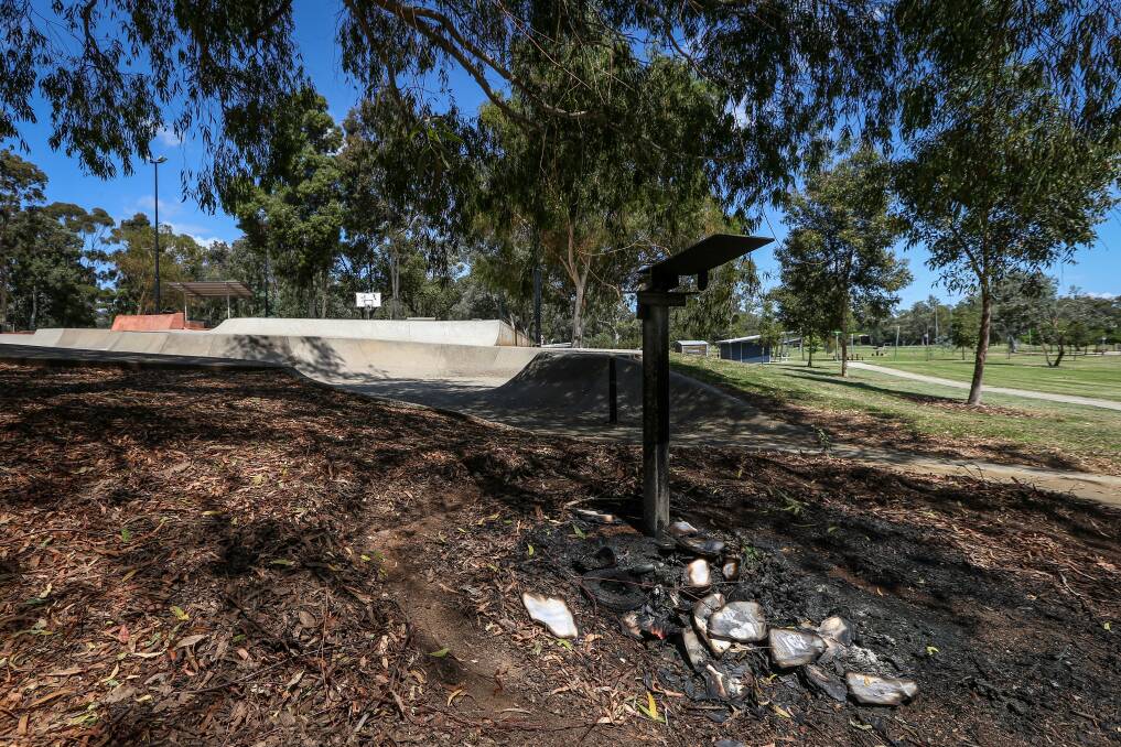 CONCERN: The remnants of a bin burnt near the Wodonga skate park. Picture: JAMES WILTSHIRE