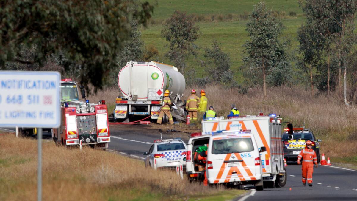 HORRIFIC SCENE: The tanker decoupled and crashed into two vehicles. 