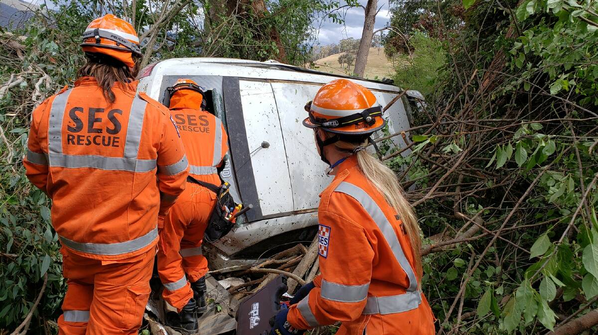 SES volunteers also responded to this crash on Tuesday, which involved a car being wedged between two large trees. 