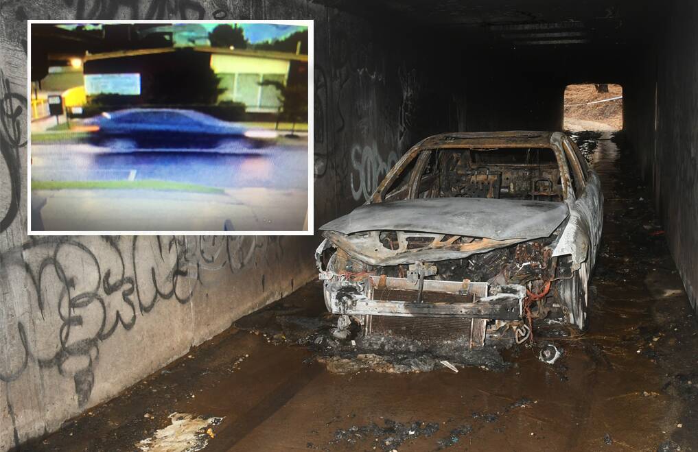 DESTROYED: A man was filmed stealing a car at the Wodonga Bulldogs ground last Friday, and driving on Vemont Street (inset), before the car was torched. 