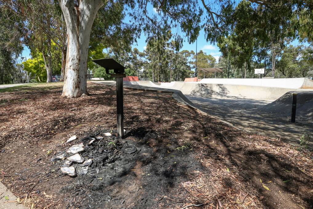 BURNT OUT: The aftermath of one bin fire at the Wodonga Skate Park in December last year. Videos of multiple fires were uploaded to social media site TikTok. 