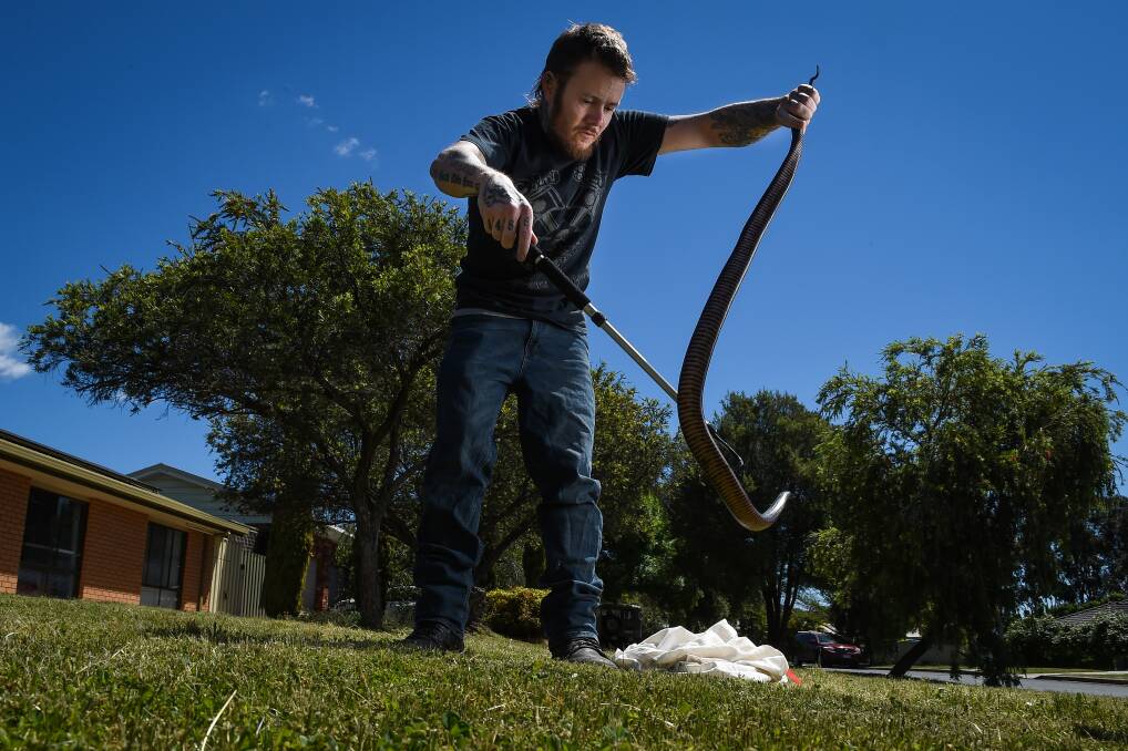 CAUGHT: Tristan Hamilton with a red bellied black snake he retrieved from a property near Doctors Point on Sunday. Picture: MARK JESSER