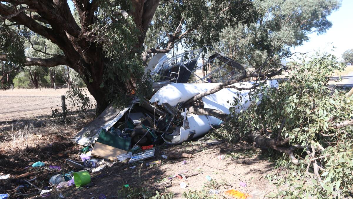 A 49-year-old Thoona woman died after her Mazda utility left Glenrowan-Boweya Road at Taminick and hit a tree on Thursday morning. One horse in a float was killed and another had to be put down. Picture by Blair Thomson