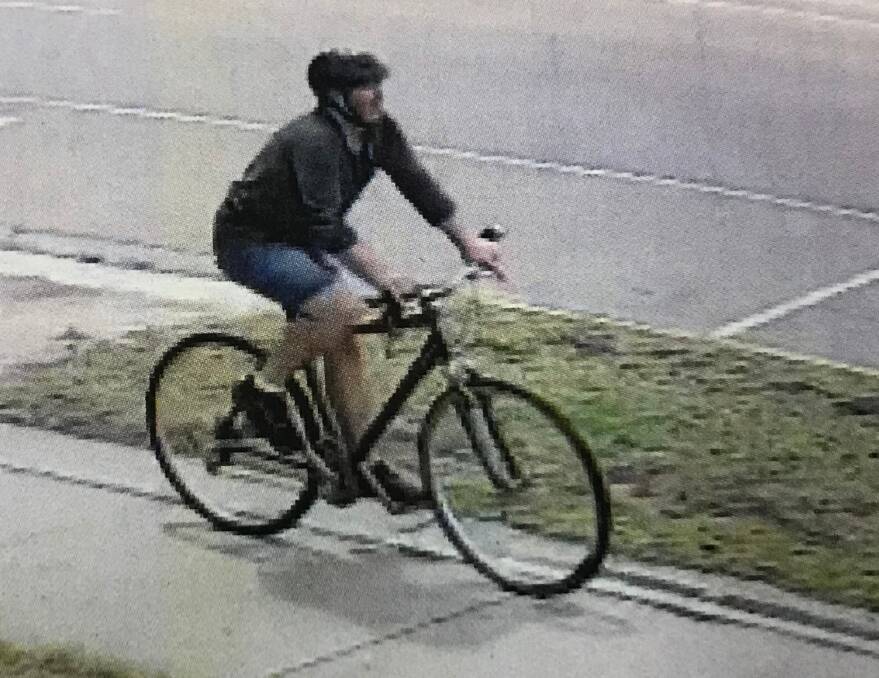 SMASHED: Police believe this bike rider is responsible for 14 incidents where vehicles had rocks thrown at them or panels scratched in Wangaratta. They are working to identify the man, aged in his 30s or 40s, and ask for information. 