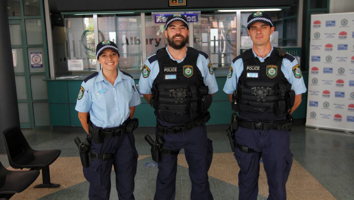 ON THE JOB: Hayley Melchert, Michael Guy and Nickolas Burma started work in the Albury area as general duties officers this week. Picture: BLAIR THOMSON