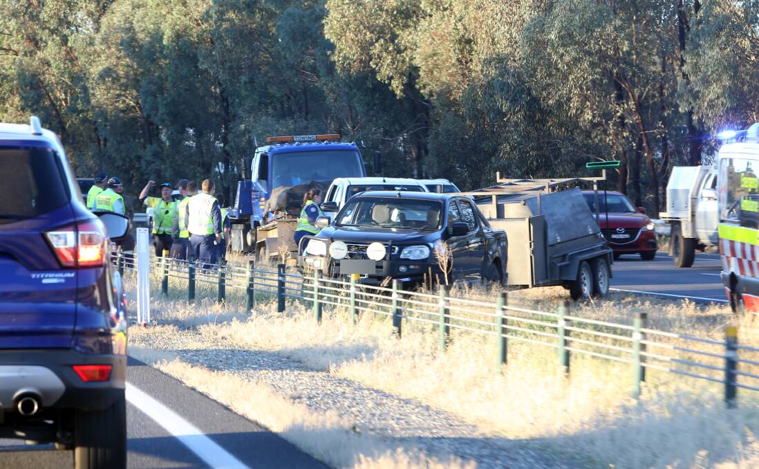 The scene of the crash in the southbound lanes of the Hume Highway near East Street earlier on Wednesday. Picture by Blair Thomson