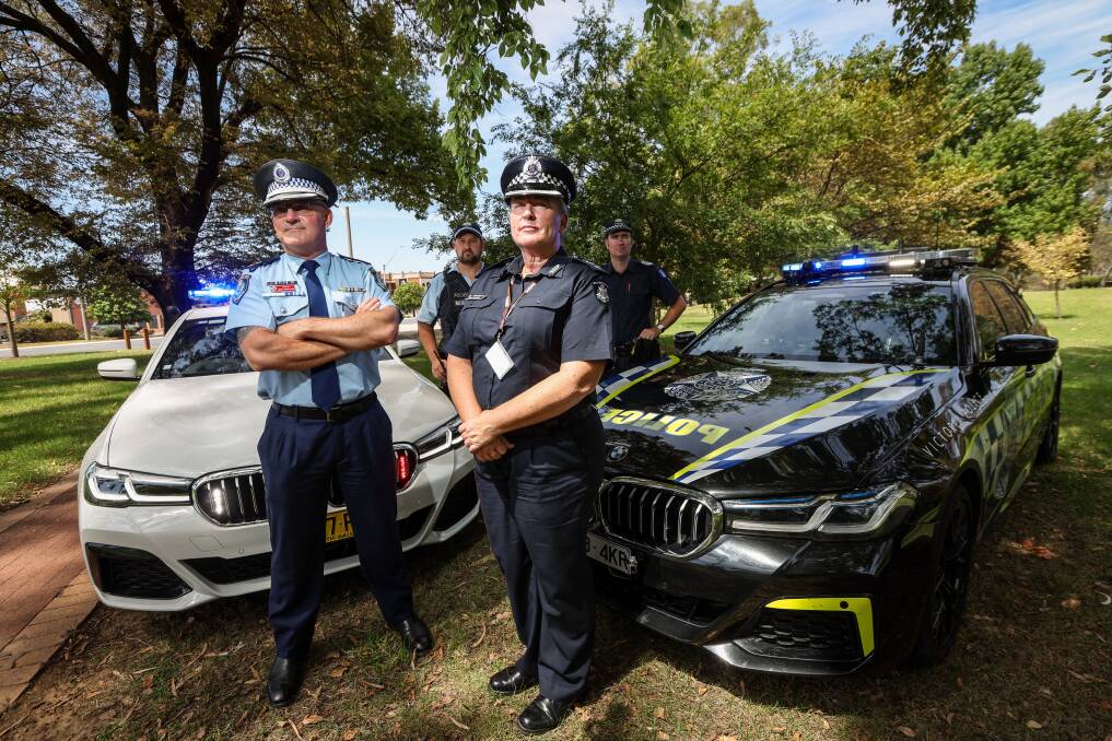 Acting Superintendent Greg Donaldson and Superintendent Joy Arbuthnot, pictured front with Sergeant Simon Mitchell and Senior Sergeant David Gillespie in Albury on Wednesday. The officers announced a Hume Highway road safety blitz starting early next month. Picture by James Wiltshire