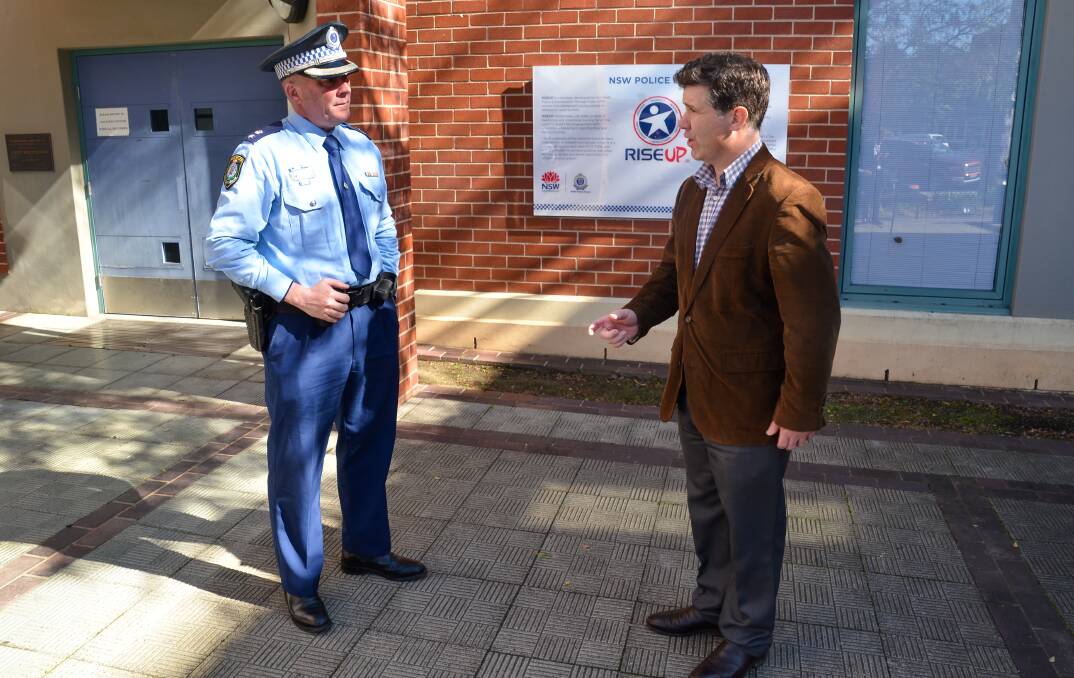 DISCUSSION: Superintendent Paul Smith with Member for Albury Justin Clancy at Albury Police Station on Monday. Both said the Victoria-NSW border closures had been challenging for the community. Picture: BLAIR THOMSON