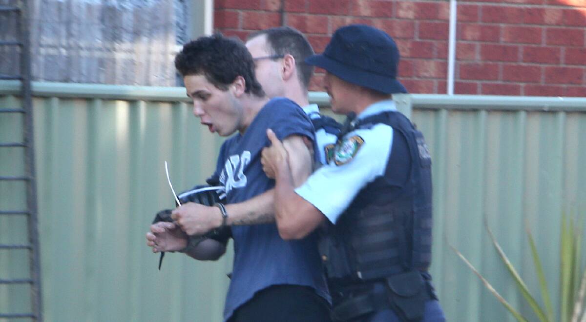 Jake Pascoe Sullivan, 19, during a February arrest by Albury officers at a Monkhouse Place home. He was again arrested by Wodonga officers on April 10. File photo