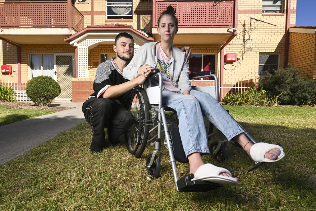 Starr Lovelace, pictured with her partner Daniel Warford, has been devastated by the theft of her electric wheelchair from her Klose Street unit in Lavington. Picture by Mark Jesser