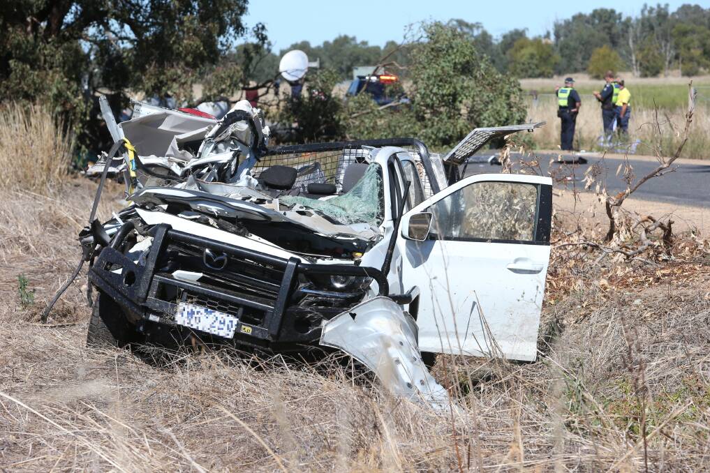 A 49-year-old Thoona woman died after her Mazda utility left Glenrowan-Boweya Road at Taminick and hit a tree on Thursday morning. One horse in a float was killed and another had to be put down. Picture by Blair Thomson
