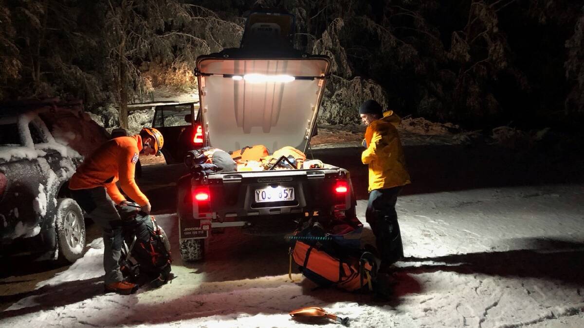 HIKE: Emergency service workers braved cold conditions to access the group of hikers and return the safely to the base of Mount Bogong at the weekend. No-one was injured during the incident. Picture: BRIGHT SES